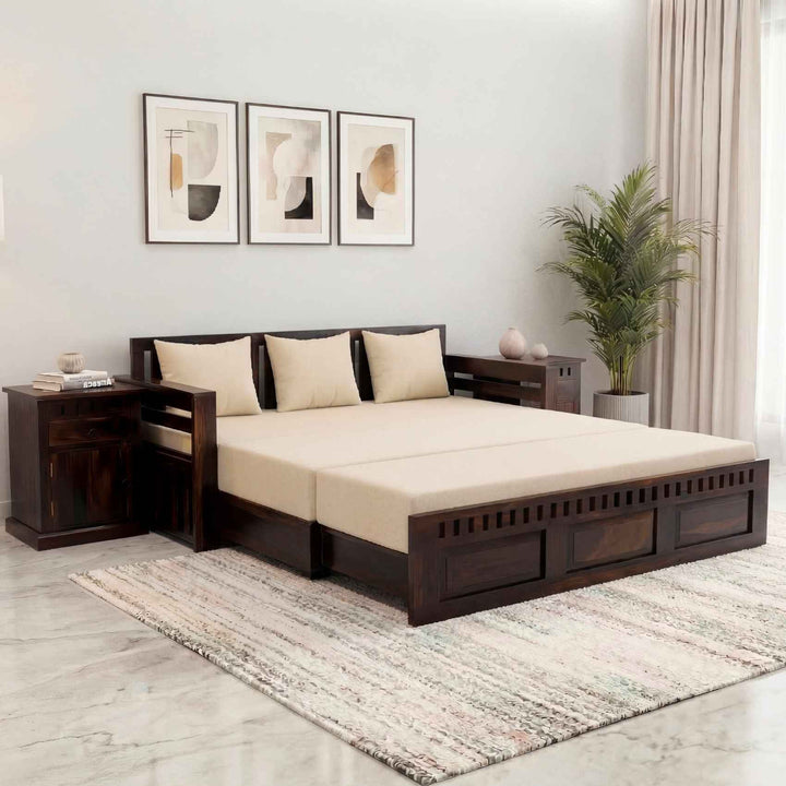 Kuber Wooden Sofa Cum Bed 3 Seater in walnut finish