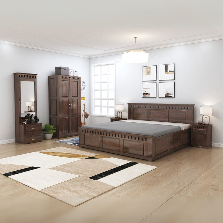 Kuber Queen Size Bed With Box Storage, Wardrobe, Dressing Table & Two Bedside Tables in walnut finish