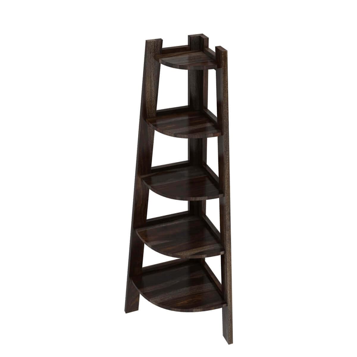 Black Solid Sheesham Wood Corner Stand in walnut finish - side angle view
