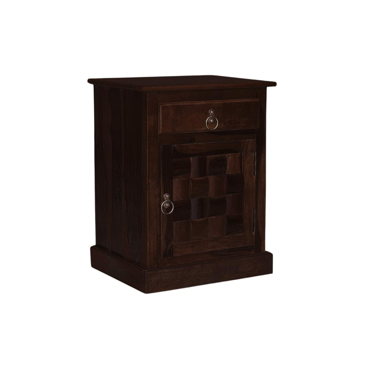 Niwar Solid Sheesham Wood Bedside Table in walnut finish - side angle view