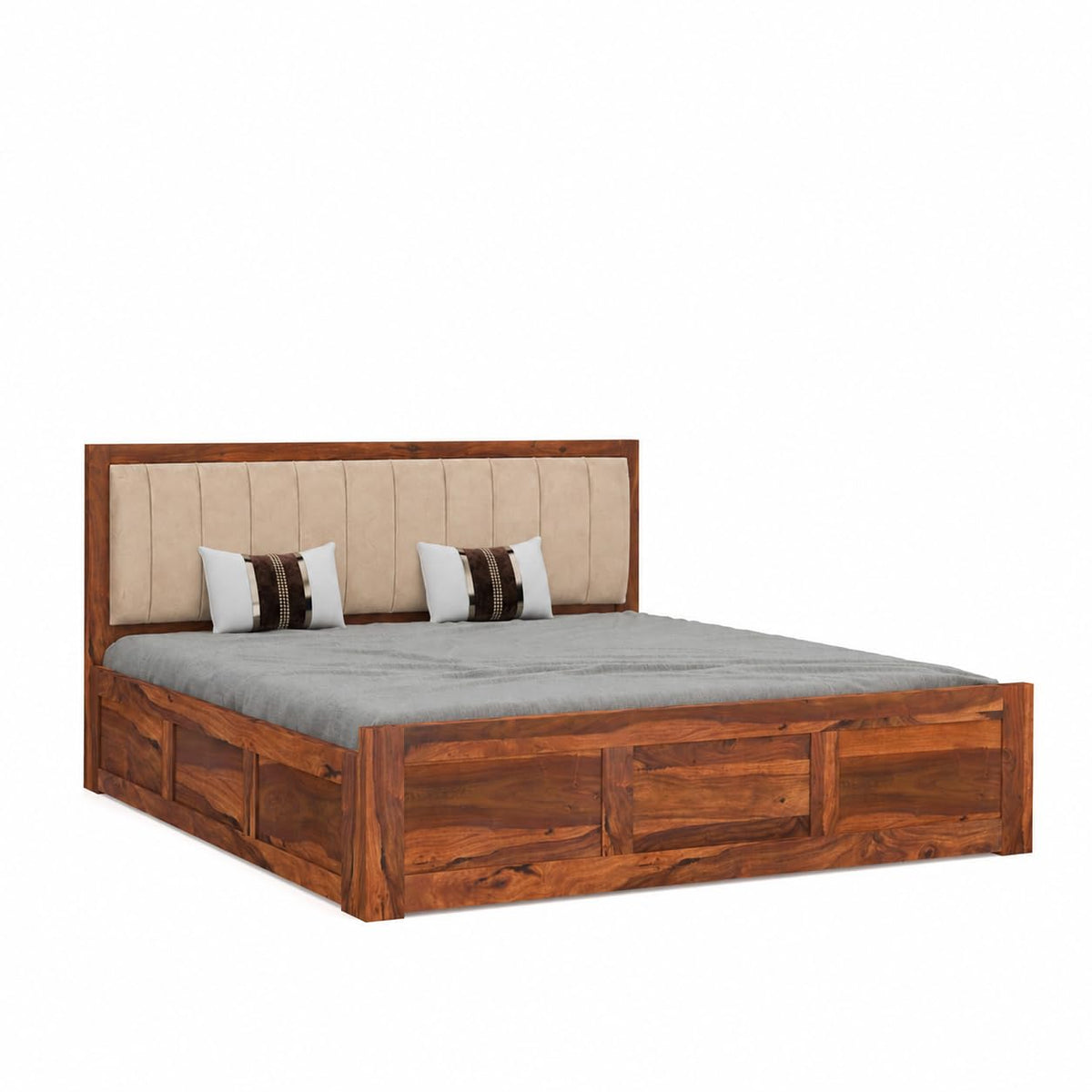 Veronica Solid Sheesham Wood King Size Bed with Box Storage in natural finish - styled in a bedroom