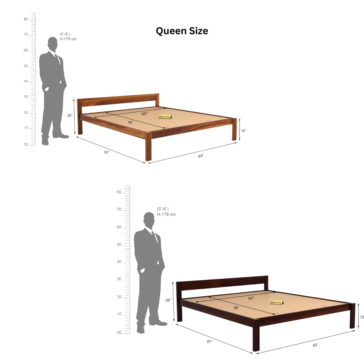 Single Patti Solid Sheesham Wood Queen Size Bed without Storage in natural finish - styled in a bedroom