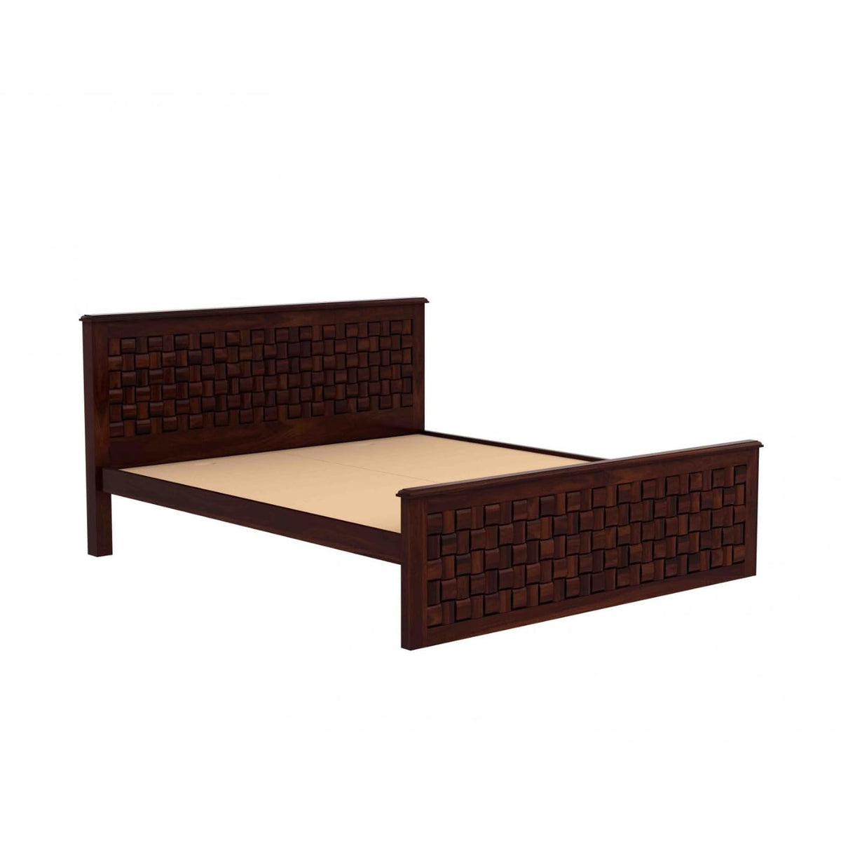 Niwar Solid Sheesham Wood Queen Size Bed with Box Storage & 2 Bedside Tables in natural finish - headboard detail