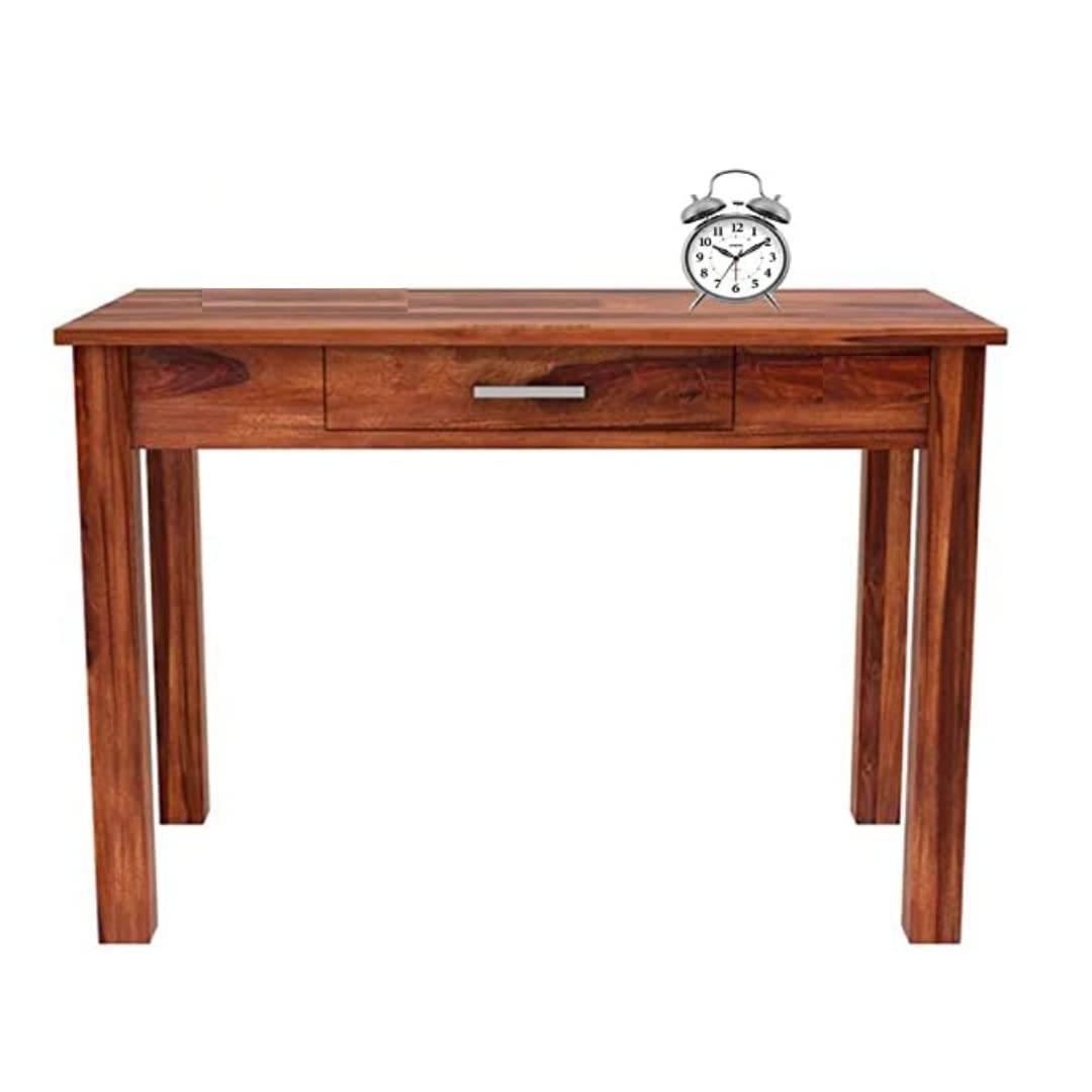 Wooden console table with drawer and an alarm clock