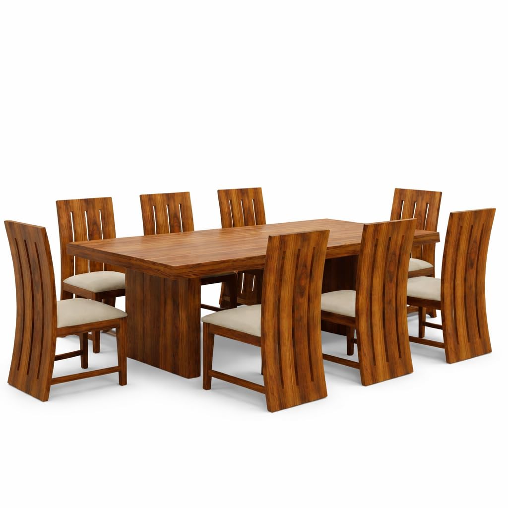Poster Cushion Solid Sheesham Wood 8 Seater Dining Table Set in natural finish - side angle view
