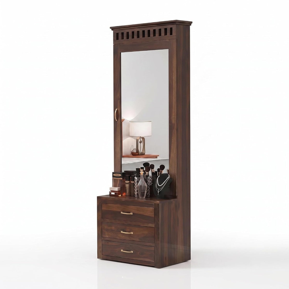 Kuber Solid Sheesham Wood Dressing Table in walnut finish - mirror detail