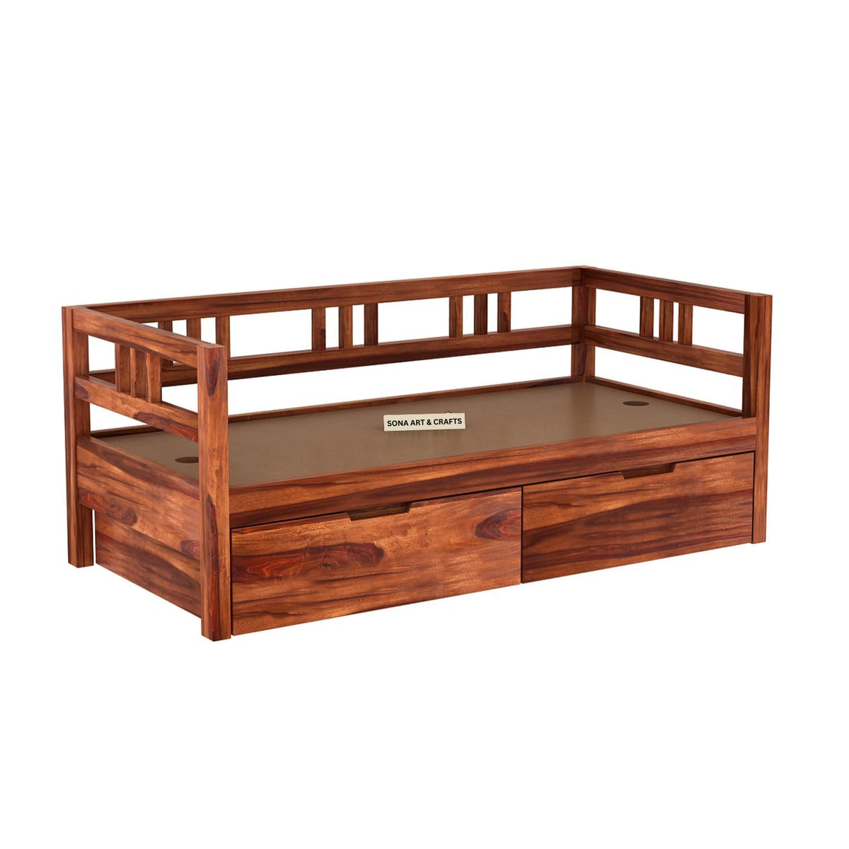 with Pillow Solid Sheesham Wood Sofa Cum Diwan in walnut finish - styled in a living room
