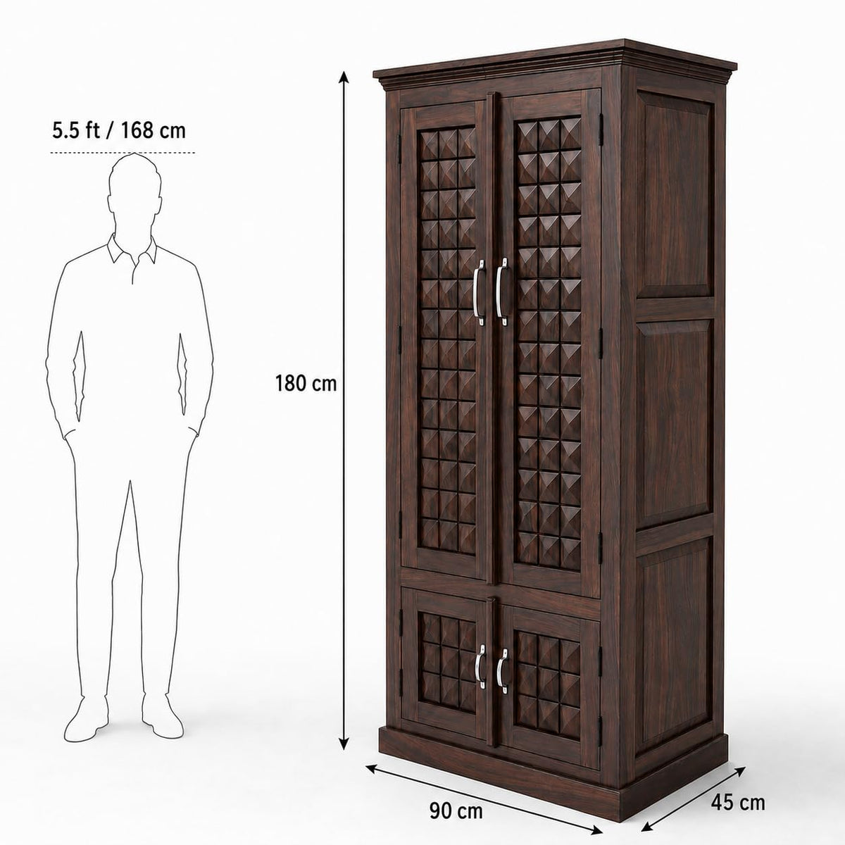 Diamond Solid Sheesham Wood 2 Door Wardrobe with Two Mini Door - Walnut Finish
