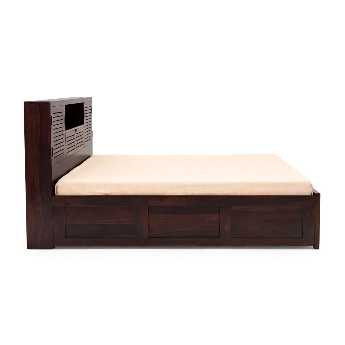 Urban Solid Sheesham Wood Queen Size Bed with Box Storage & 2 Bedside Tables in walnut finish - styled in a bedroom