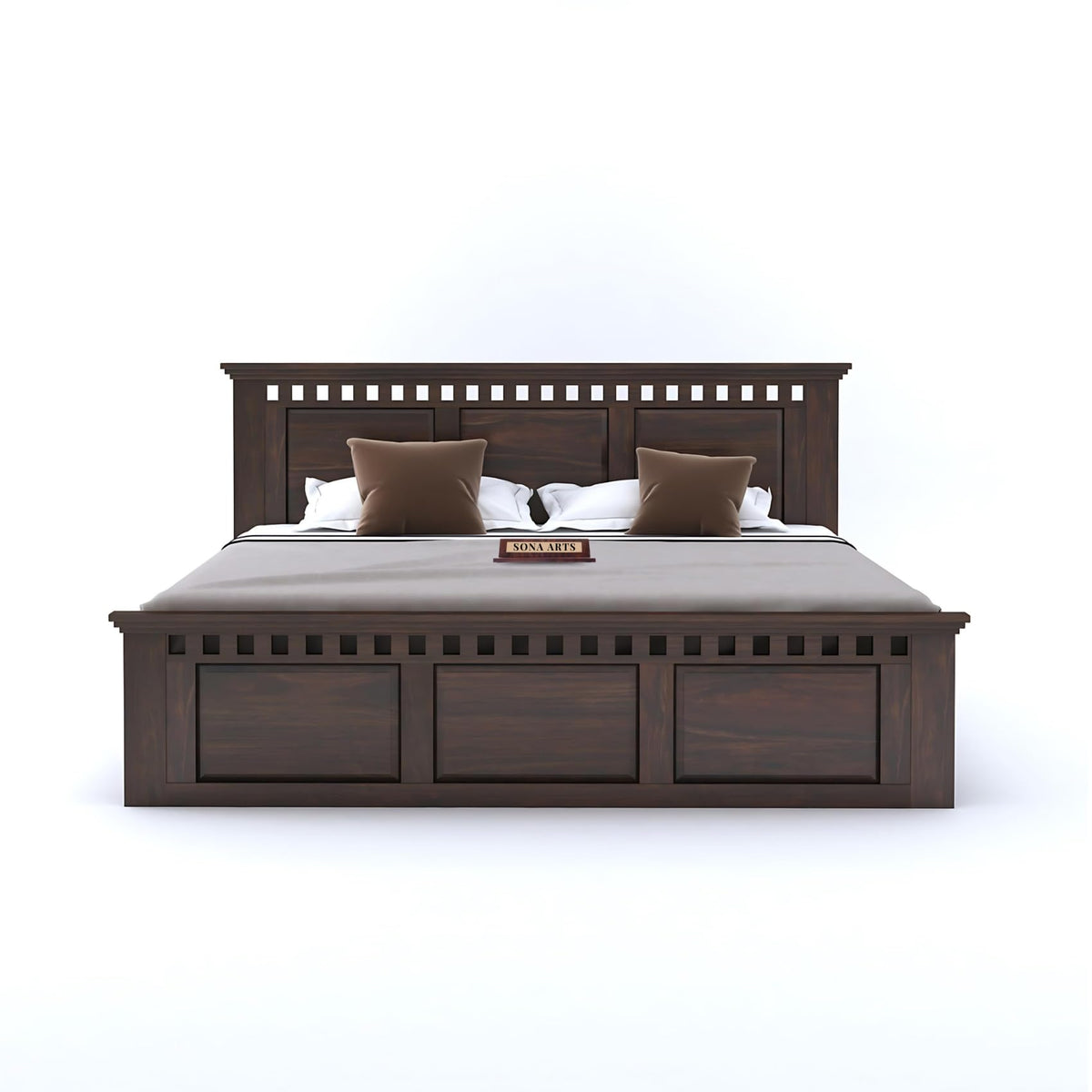 Kuber Solid Sheesham Wood Queen Size Bed without Storage in walnut finish - close-up of the walnut finish and wood grain