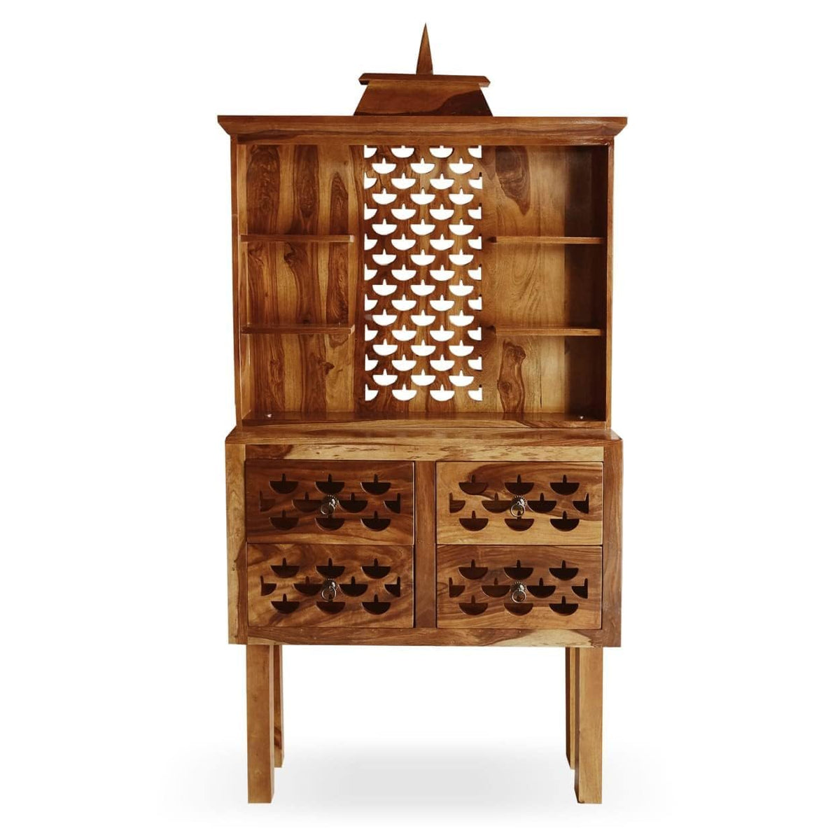 Finish D3 Solid Sheesham Wood Home Temple in teak finish - styled in a pooja room
