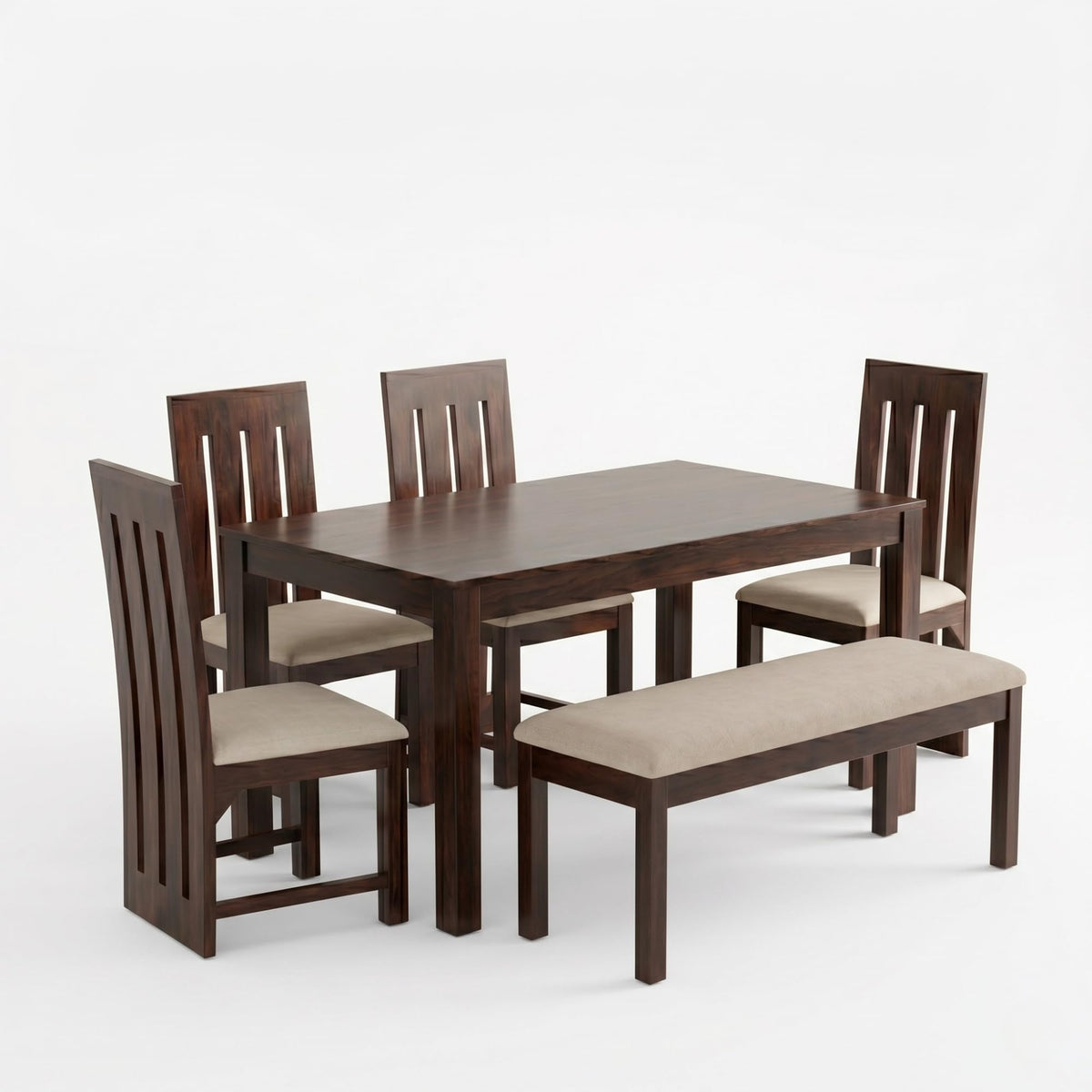 Poster Sheesham Wood 4 Seater Dining Table Set with Bench - Walnut Finish Poster 6 Seater Bench Walnut D2 - side angle view