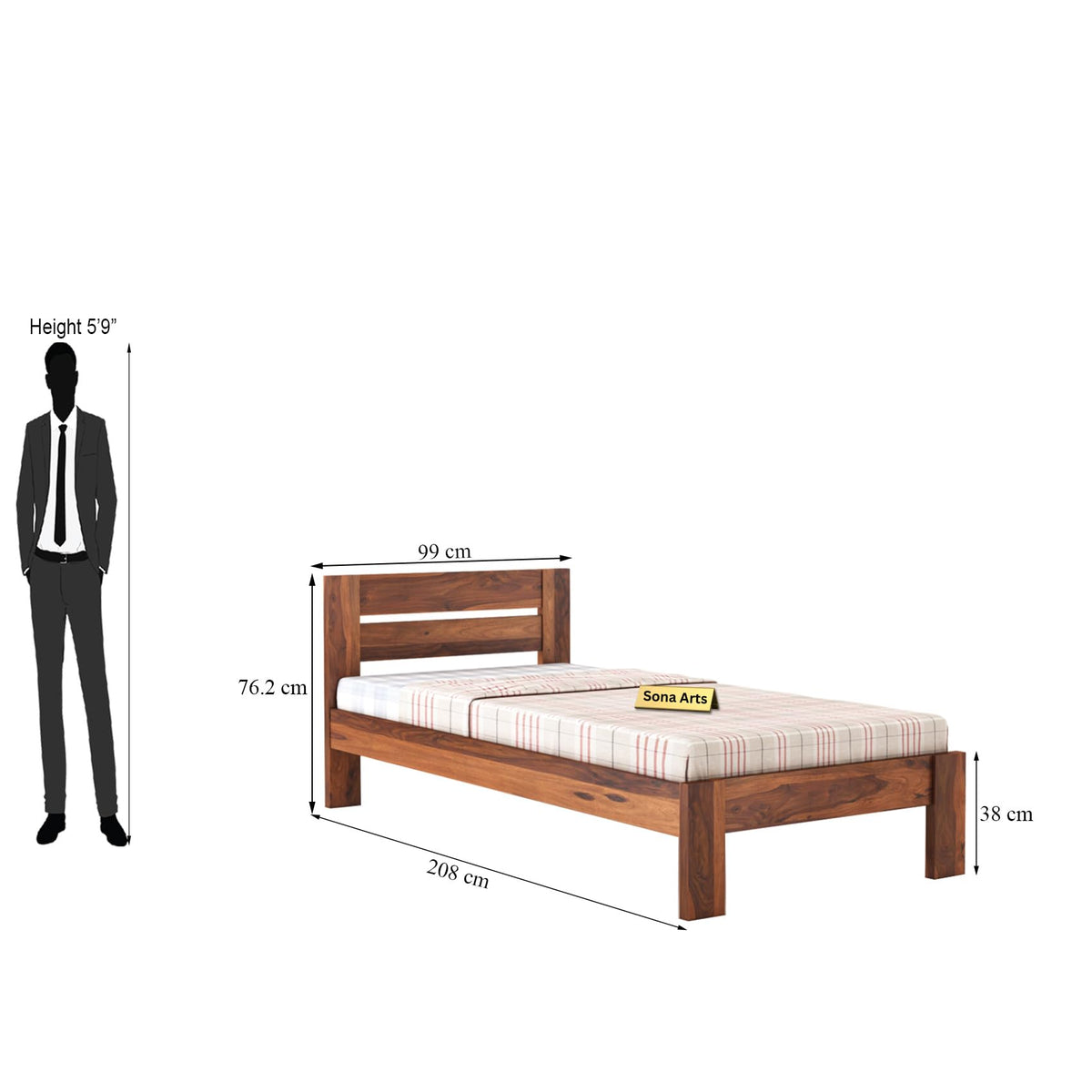 Eros Solid Sheesham Wood Single Size Bed without Storage in natural finish - styled in a bedroom