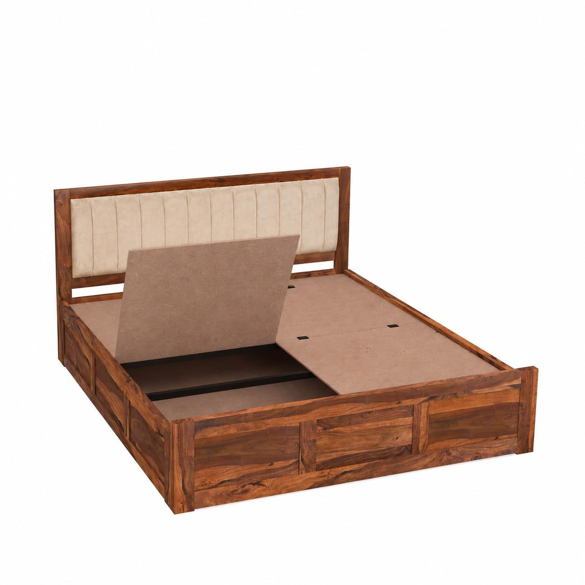 Veronica Solid Sheesham Wood Queen Size Bed with Box Storage & 2 Bedside Tables in natural finish - styled in a bedroom