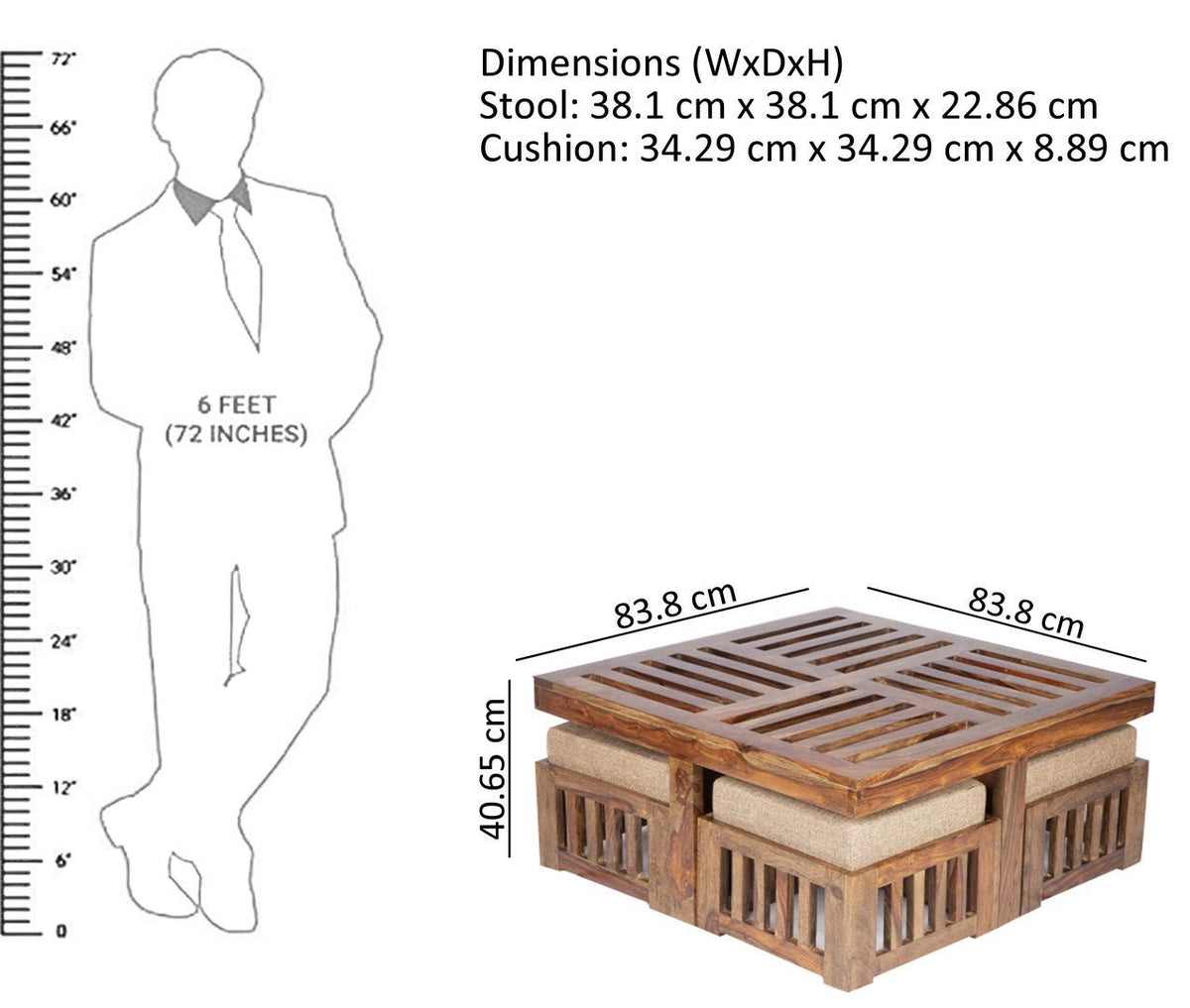 Japani Jali Stool Jali Cushion Natural Solid Sheesham Wood Coffee Table - corner angle view