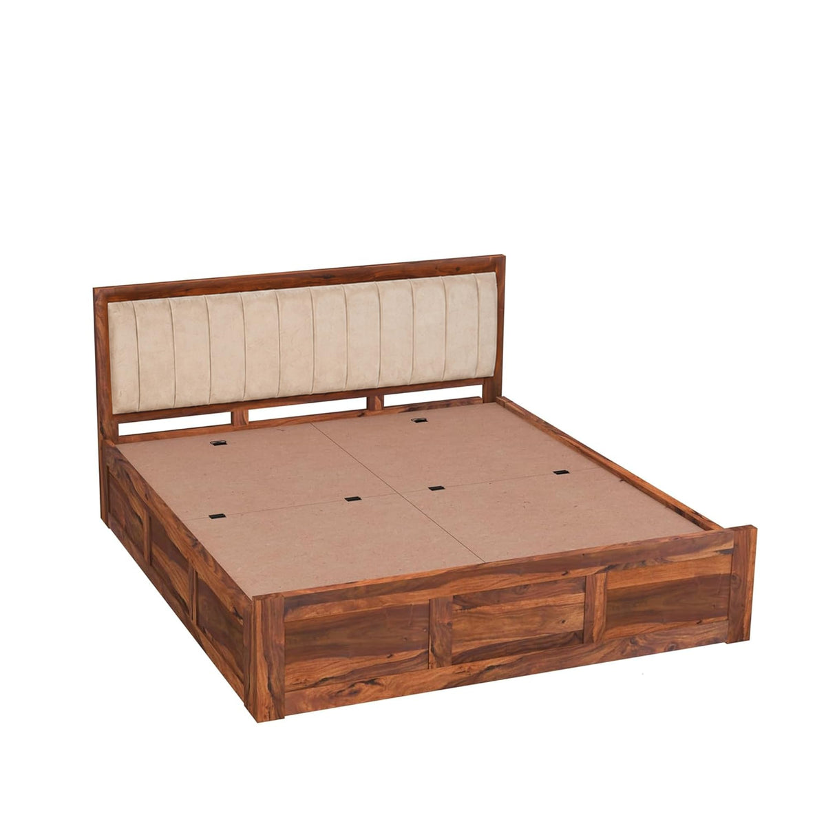 Veronica Solid Sheesham Wood King Size Bed with Box Storage & 2 Bedside Tables in natural finish - corner angle view