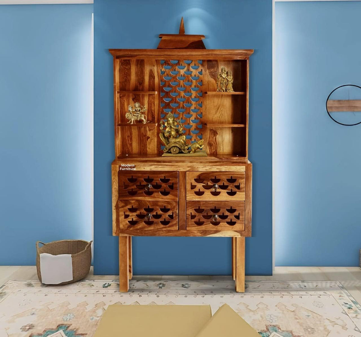 Finish D3 Solid Sheesham Wood Home Temple in teak finish - shelf close-up