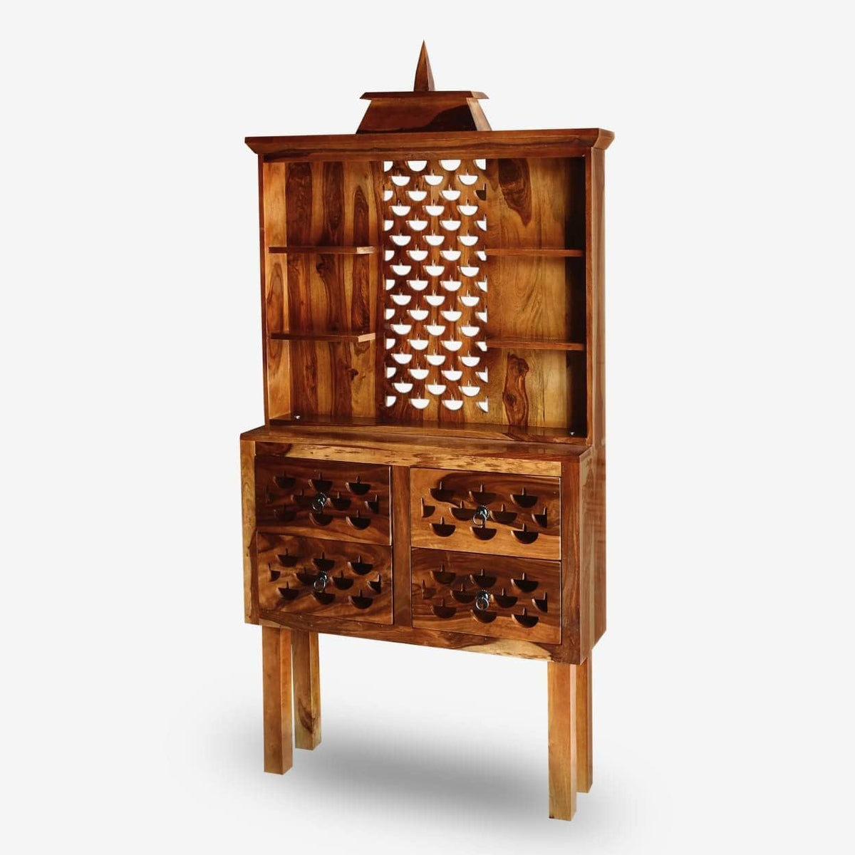 Finish D3 Solid Sheesham Wood Home Temple in teak finish - corner angle view