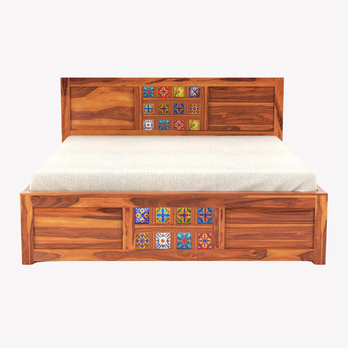 Taurus Solid Sheesham Wood Queen Size Bed with Box Storage in natural finish - close-up of the natural finish and wood grain