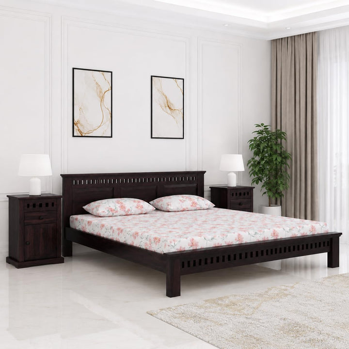 Kuber Platform bed Solid Sheesham Wood Queen Size Bed without Storage in walnut finish