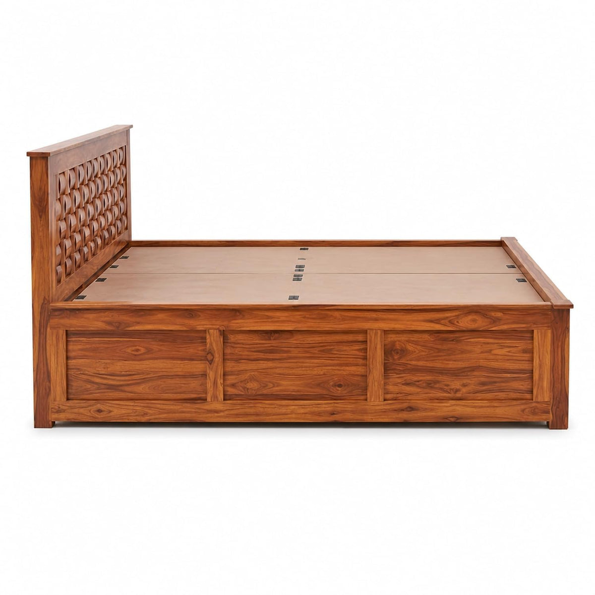 Niwar Solid Sheesham Wood Queen Size Bed with Box Storage & 2 Bedside Tables in walnut finish - styled in a bedroom