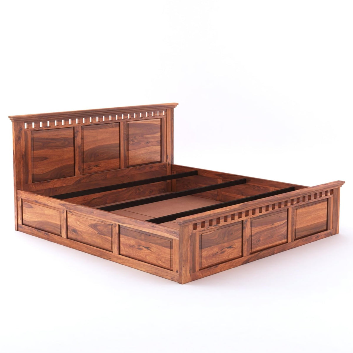 Kuber Solid Sheesham Wood Queen Size Bed with Box Storage & 2 Bedside Tables in natural finish - alternate view