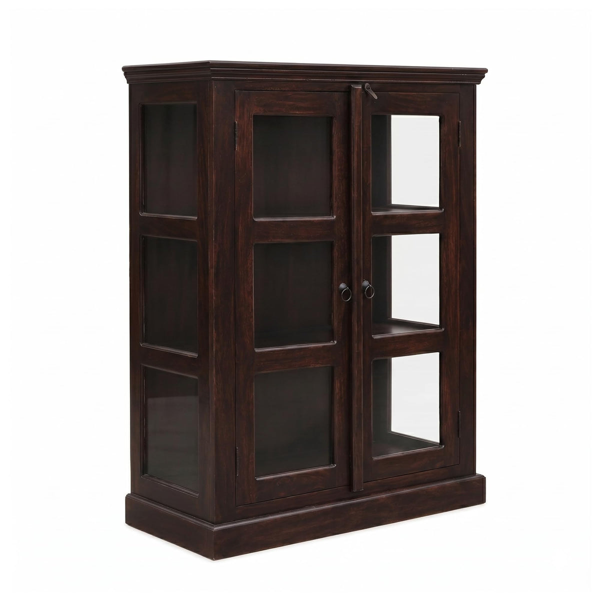 Mini 20 Glass Solid Sheesham Wood Book Shelf for Home Library in walnut finish - styled in a living room