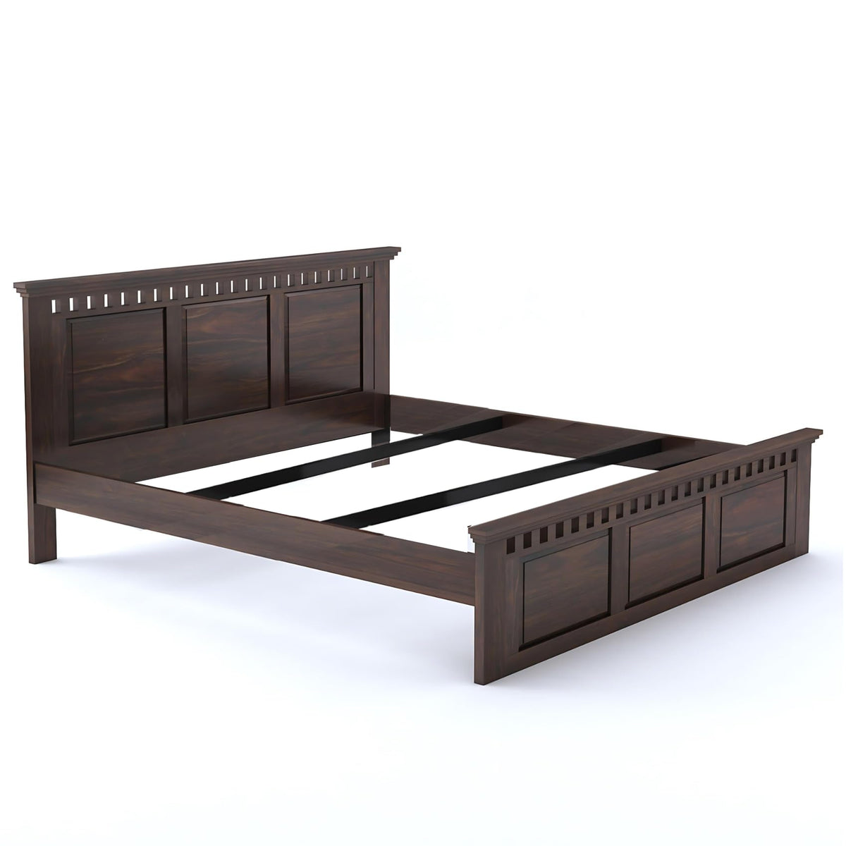 Kuber Solid Sheesham Wood Queen Size Bed without Storage in walnut finish - styled in a bedroom