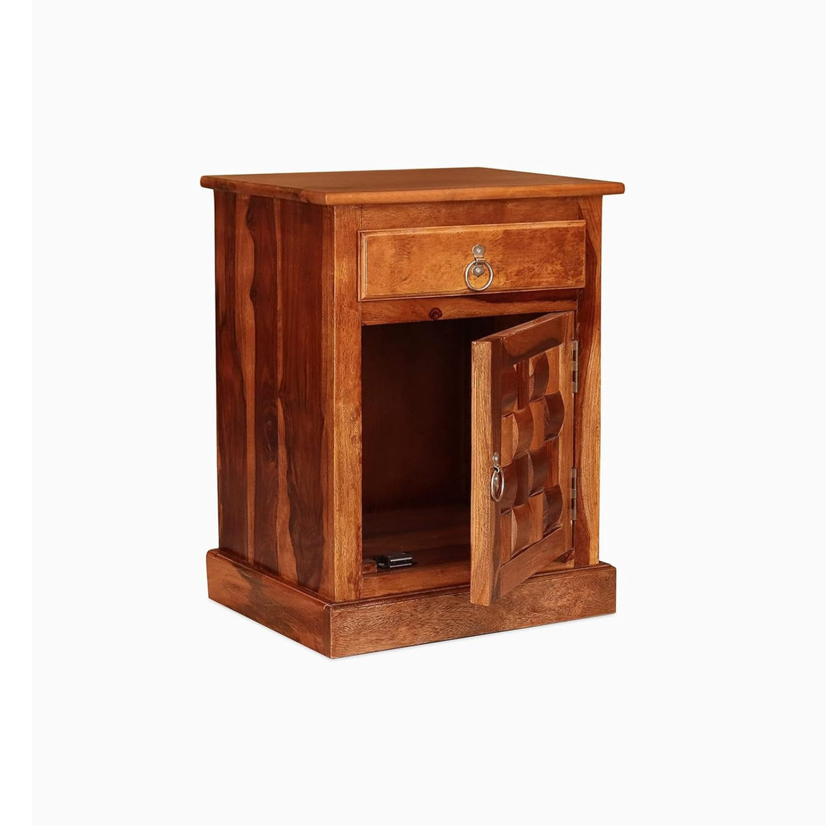 Niwar Solid Sheesham Wood Bedside Table in natural finish - close-up of the natural finish and wood grain
