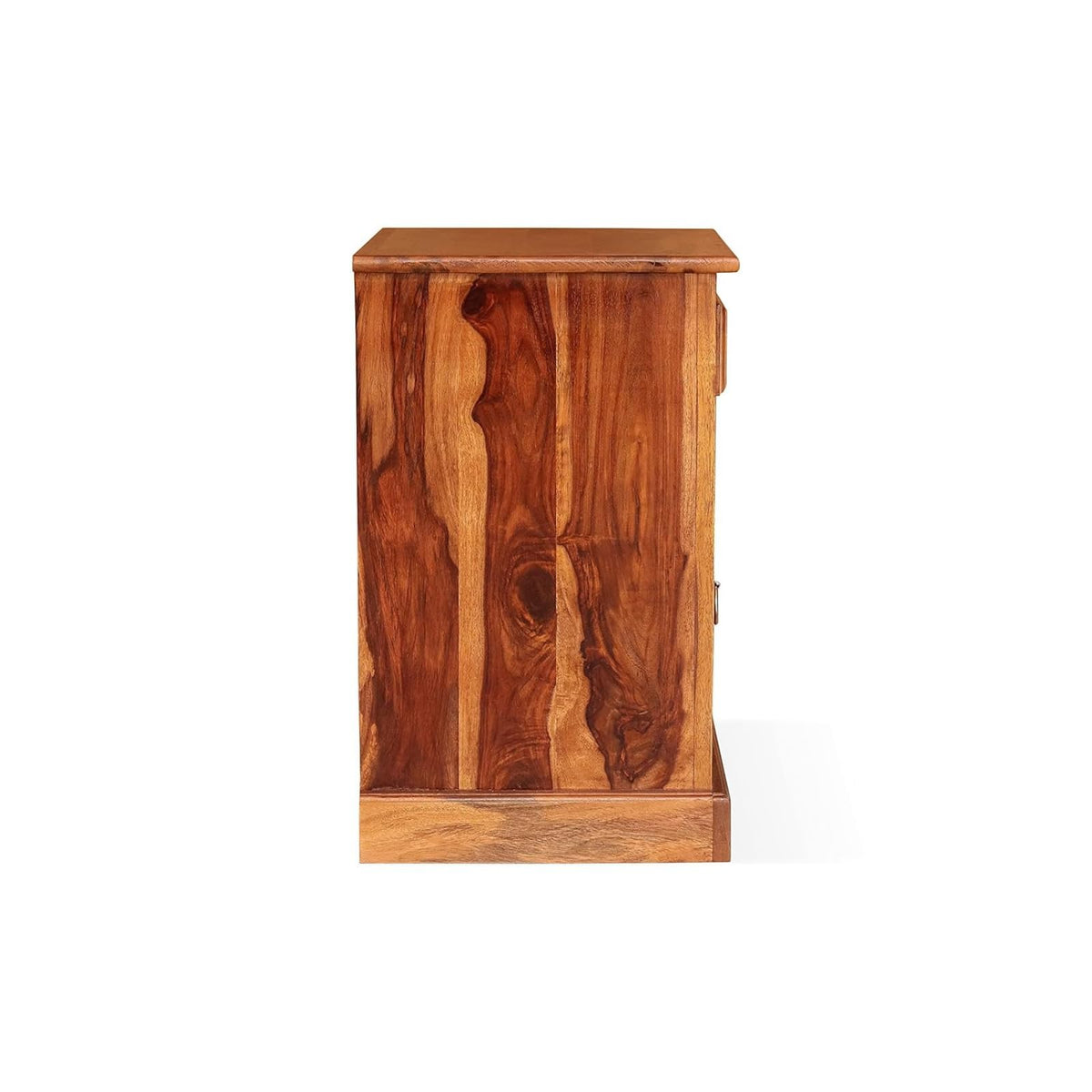 Niwar Solid Sheesham Wood Bedside Table in natural finish - styled in a bedroom