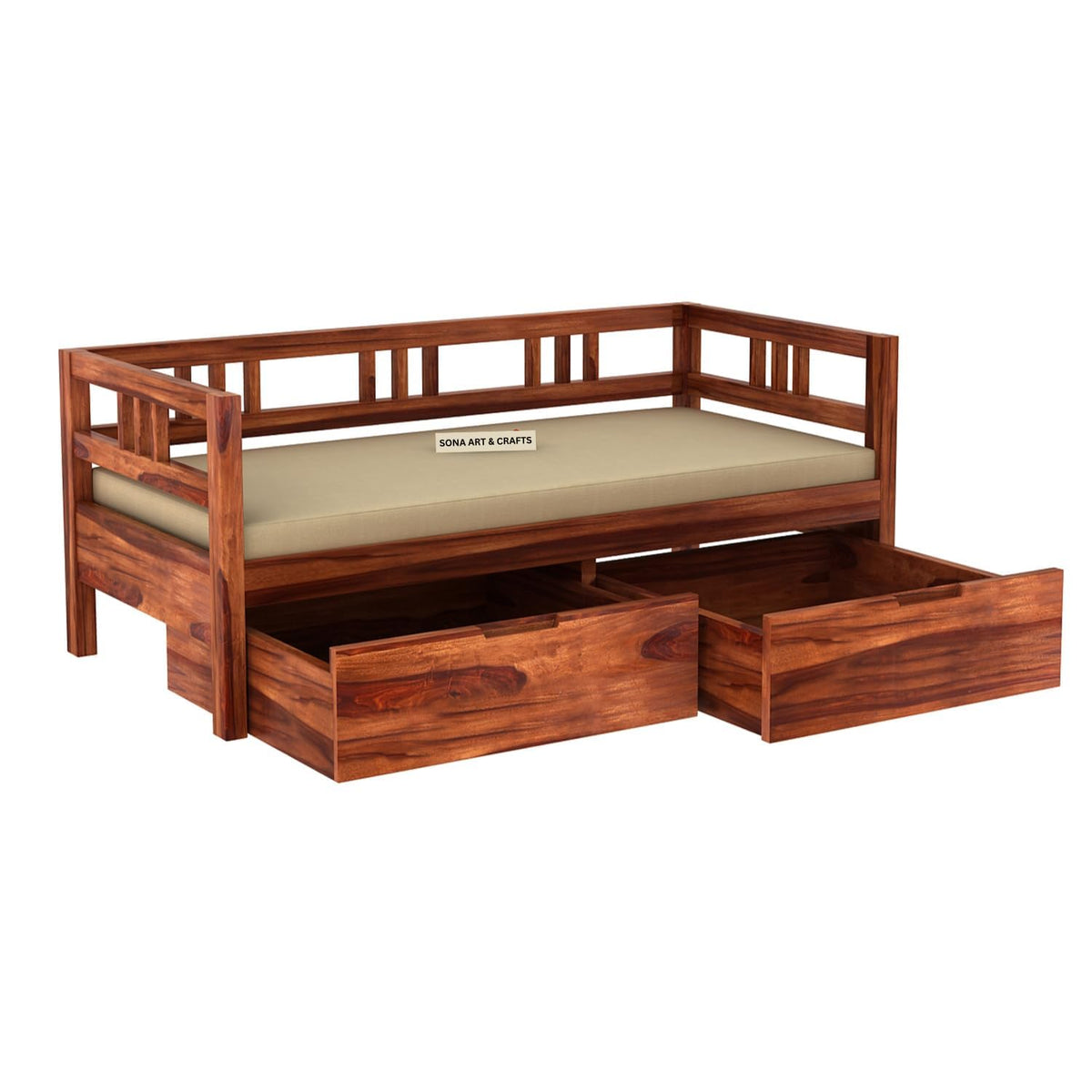 with Pillow Solid Sheesham Wood Sofa Cum Diwan in walnut finish - corner angle view