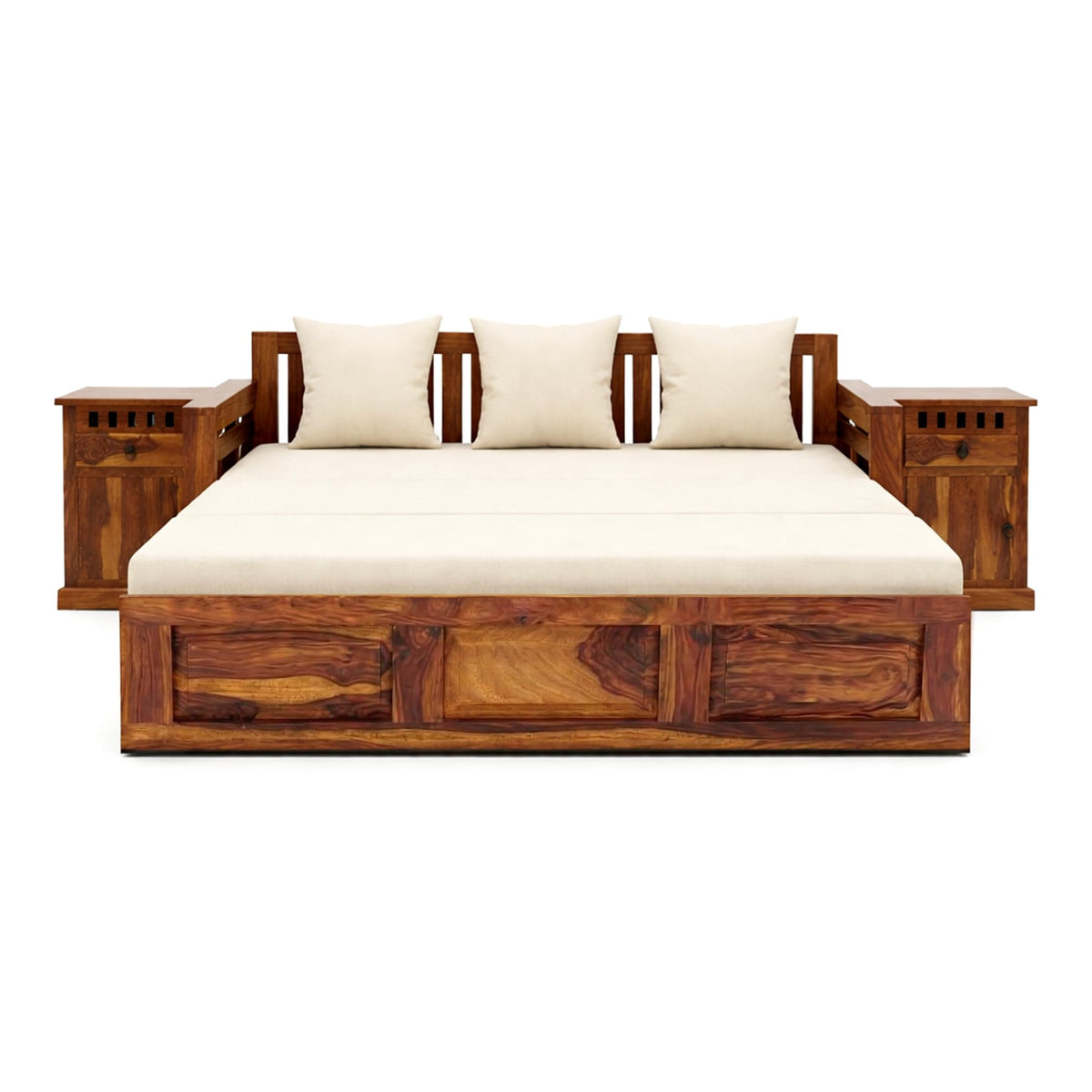 Regal With Bedside Solid Sheesham Wood Sofa Cum Bed in natural finish - styled in a living room