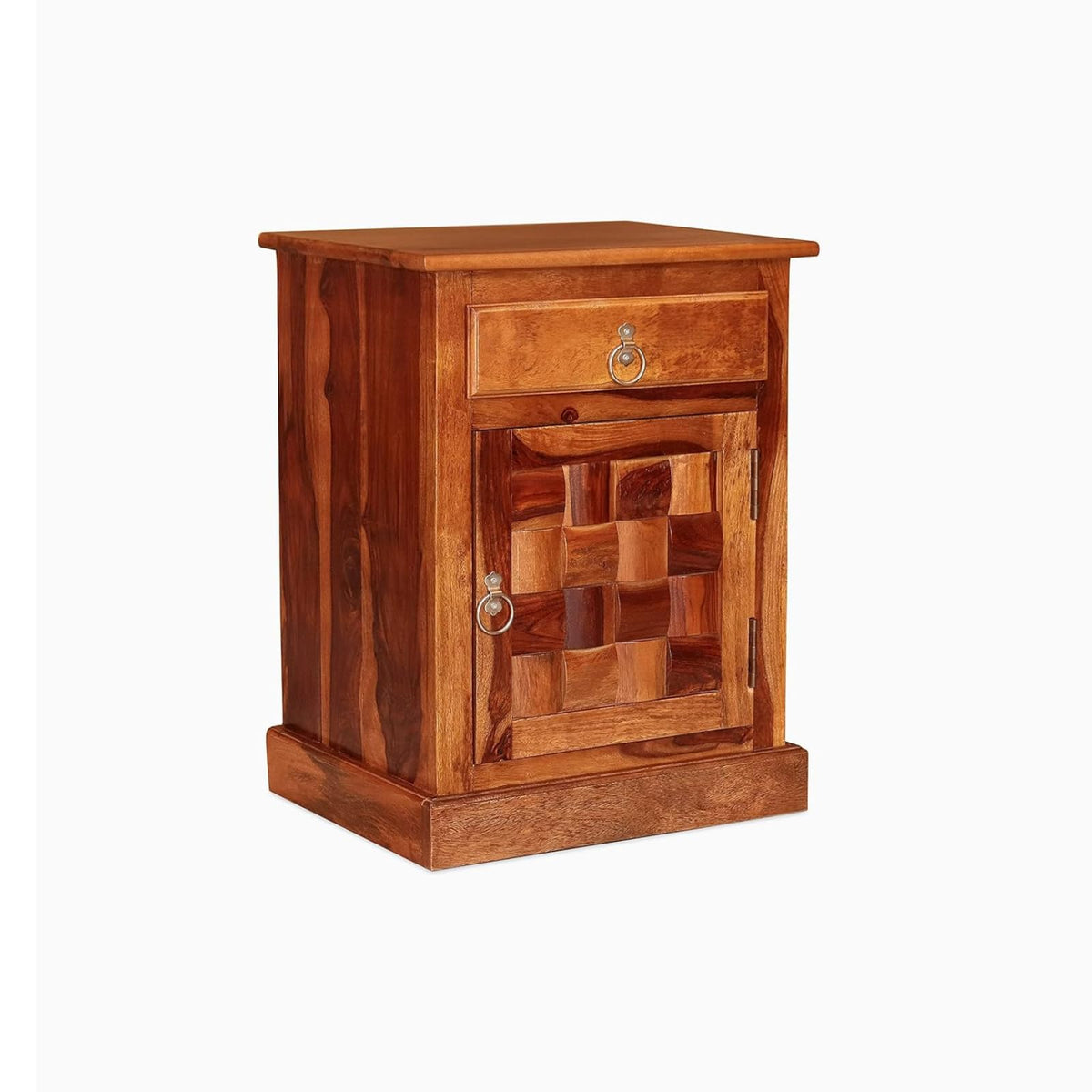 Niwar Solid Sheesham Wood Bedside Table in natural finish - side angle view