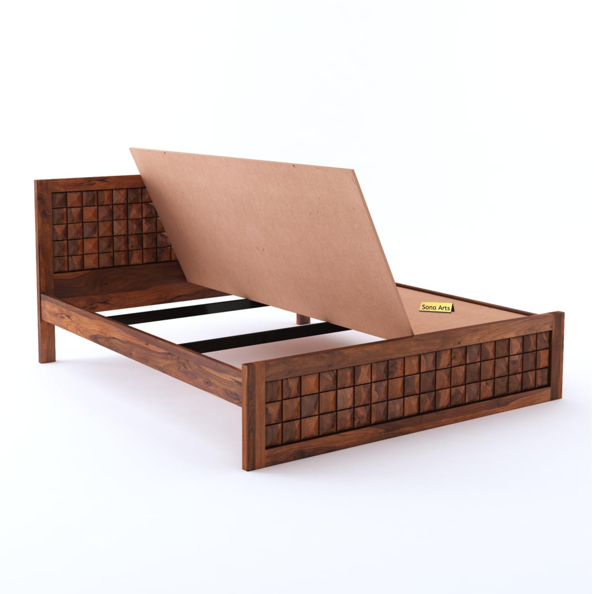 Diamond Solid Sheesham Wood King Size Bed without Storage & 2 Bedside Tables in natural finish - headboard detail