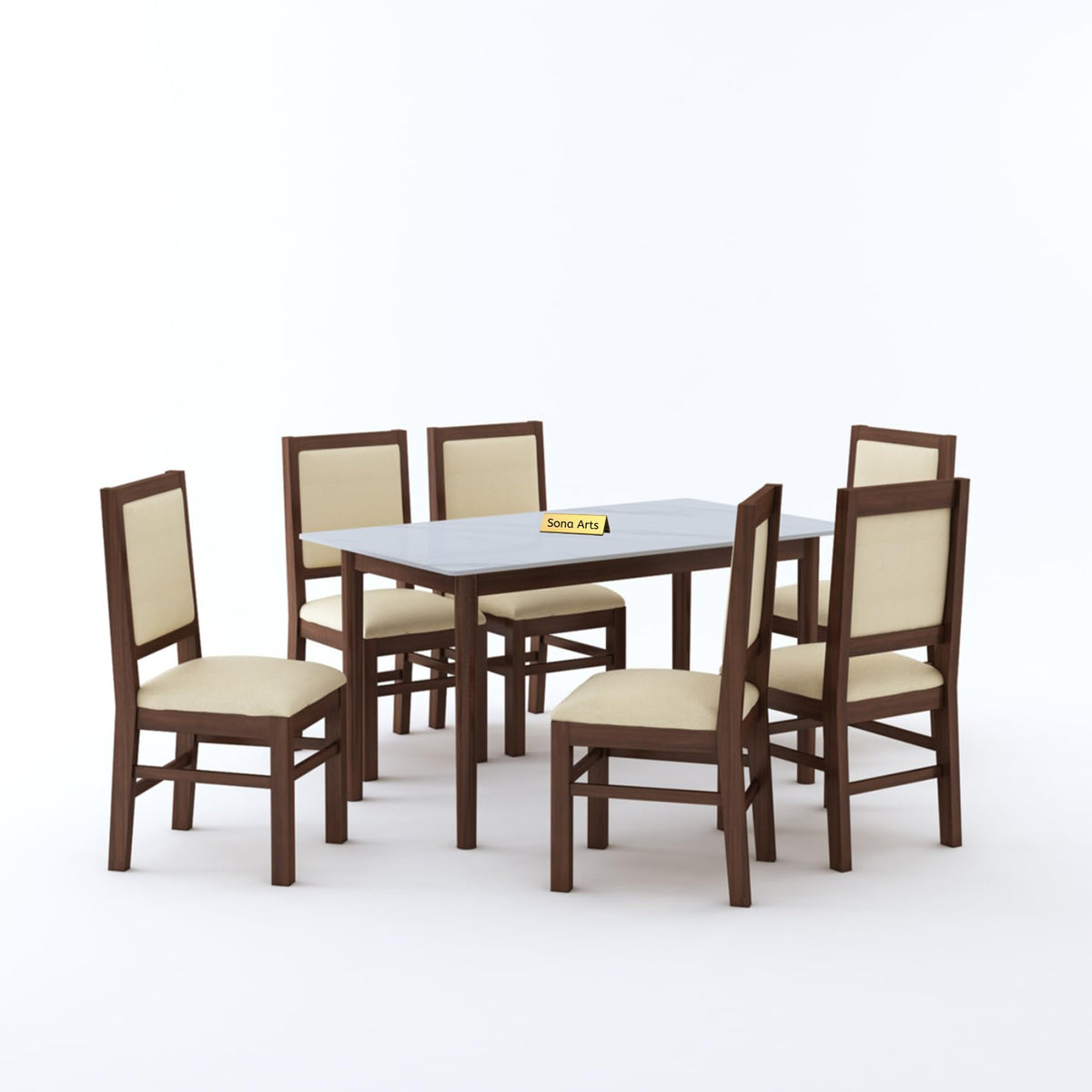 Marble Solid White Solid Sheesham Wood 6 Seater Dining Table Set - side angle view