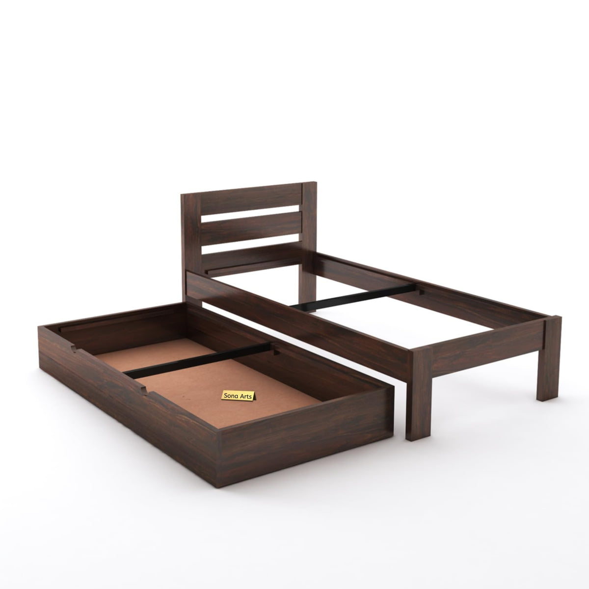 Eros Solid Sheesham Wood Single Size Trundle Bed in walnut finish - pull-out lower bed detail