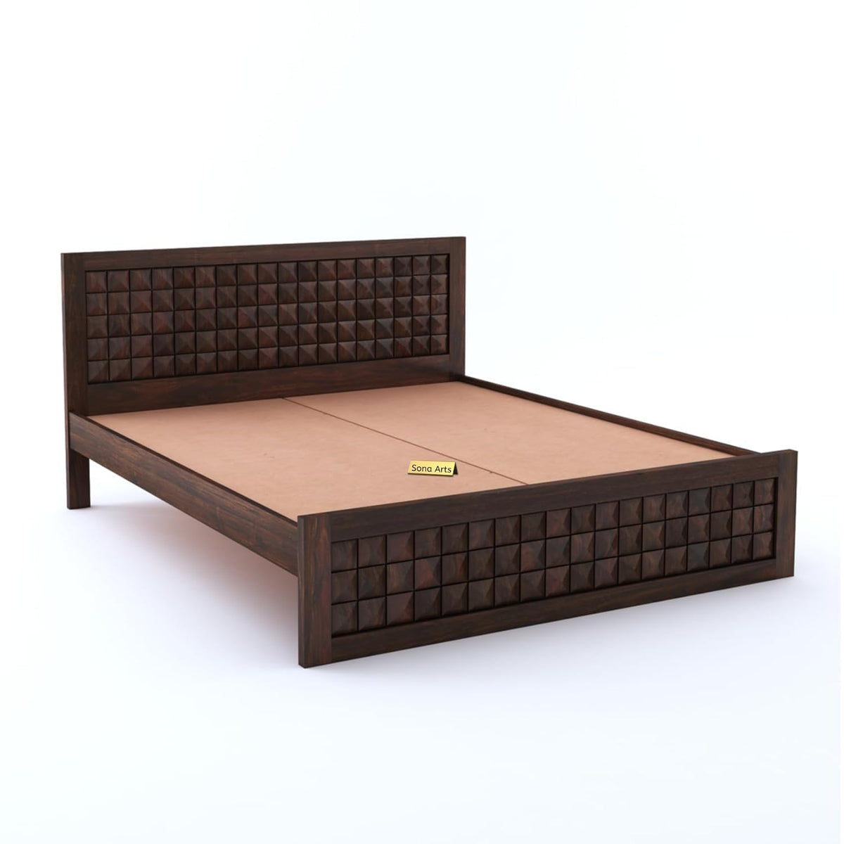 Diamond Solid Sheesham Wood King Size Bed without Storage in walnut finish - styled in a bedroom