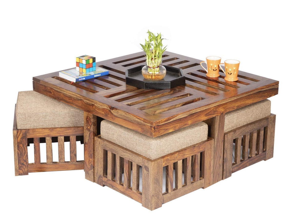 Japani Jali Stool Jali Cushion Natural Solid Sheesham Wood Coffee Table - side angle view