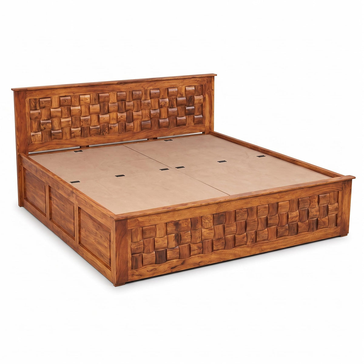 Niwar Solid Sheesham Wood Queen Size Bed with Box Storage in walnut finish - close-up of the walnut finish and wood grain