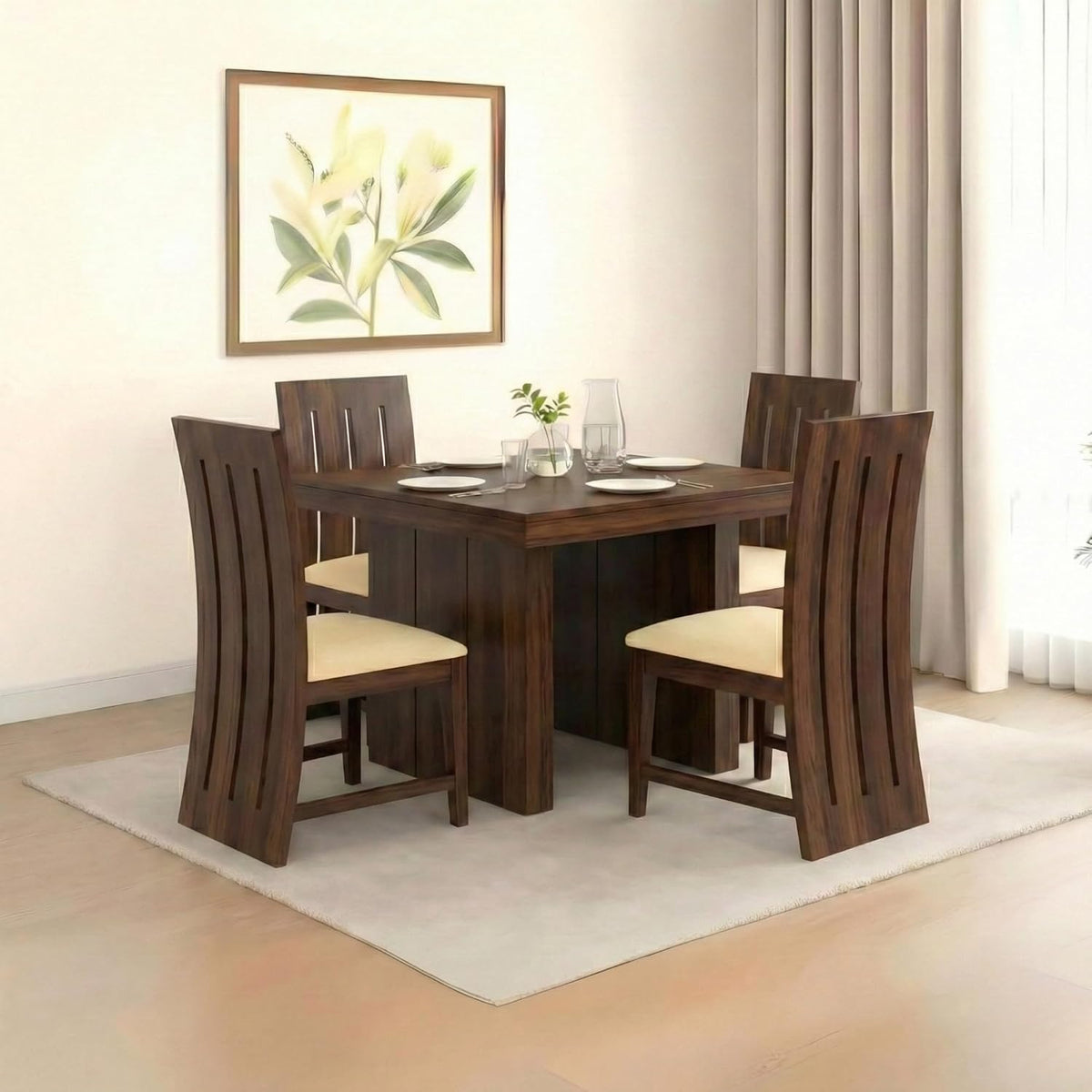 5-piece dark brown sheesham wood dining set with a rectangular table and four slatted-back chairs with cream cushions.