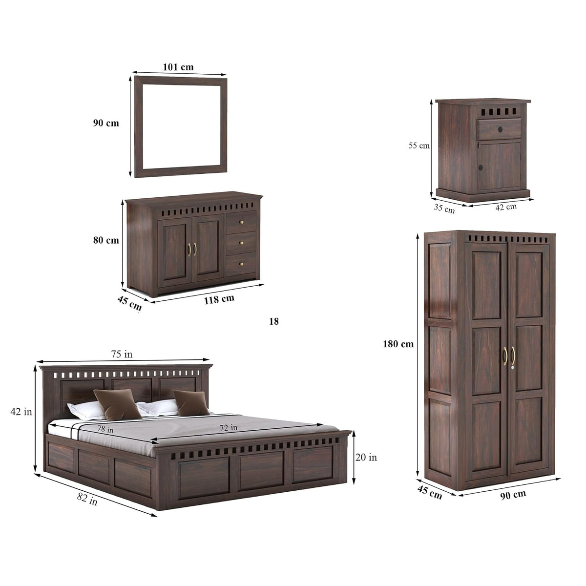 Kuber-BBS-W-C-BT-W-K Solid Sheesham Wood Bedroom Furniture Set - side angle view