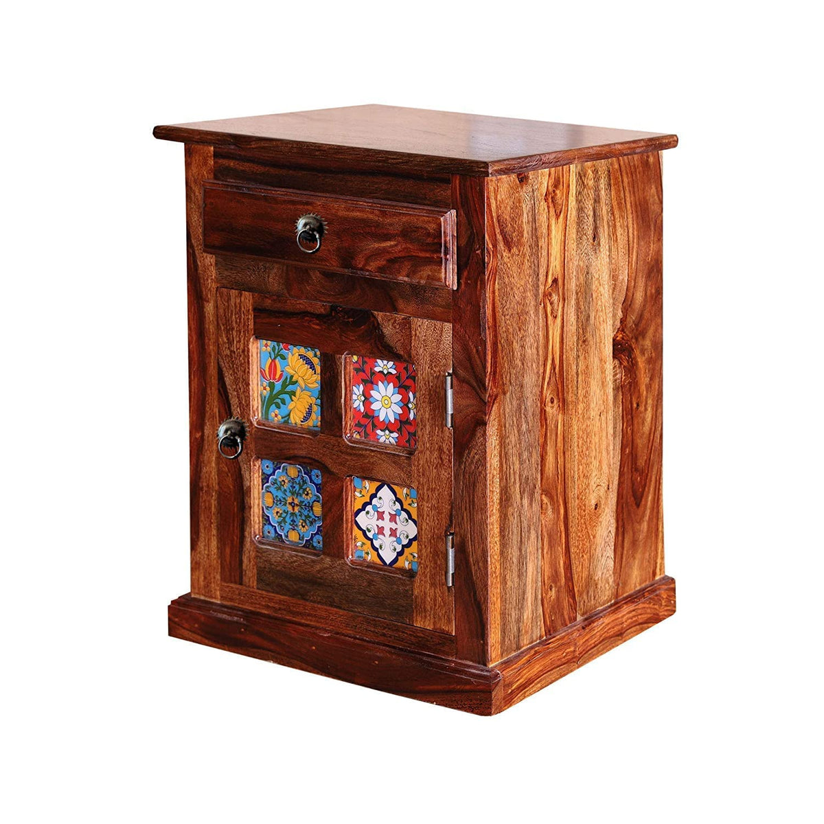 Tile Natural_2 Solid Sheesham Wood Bedside Table in natural finish - side angle view