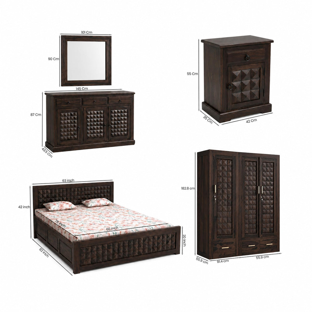 Diamond BBS-W-C-BT-W-Q Solid Sheesham Wood Bedroom Furniture Set - side angle view