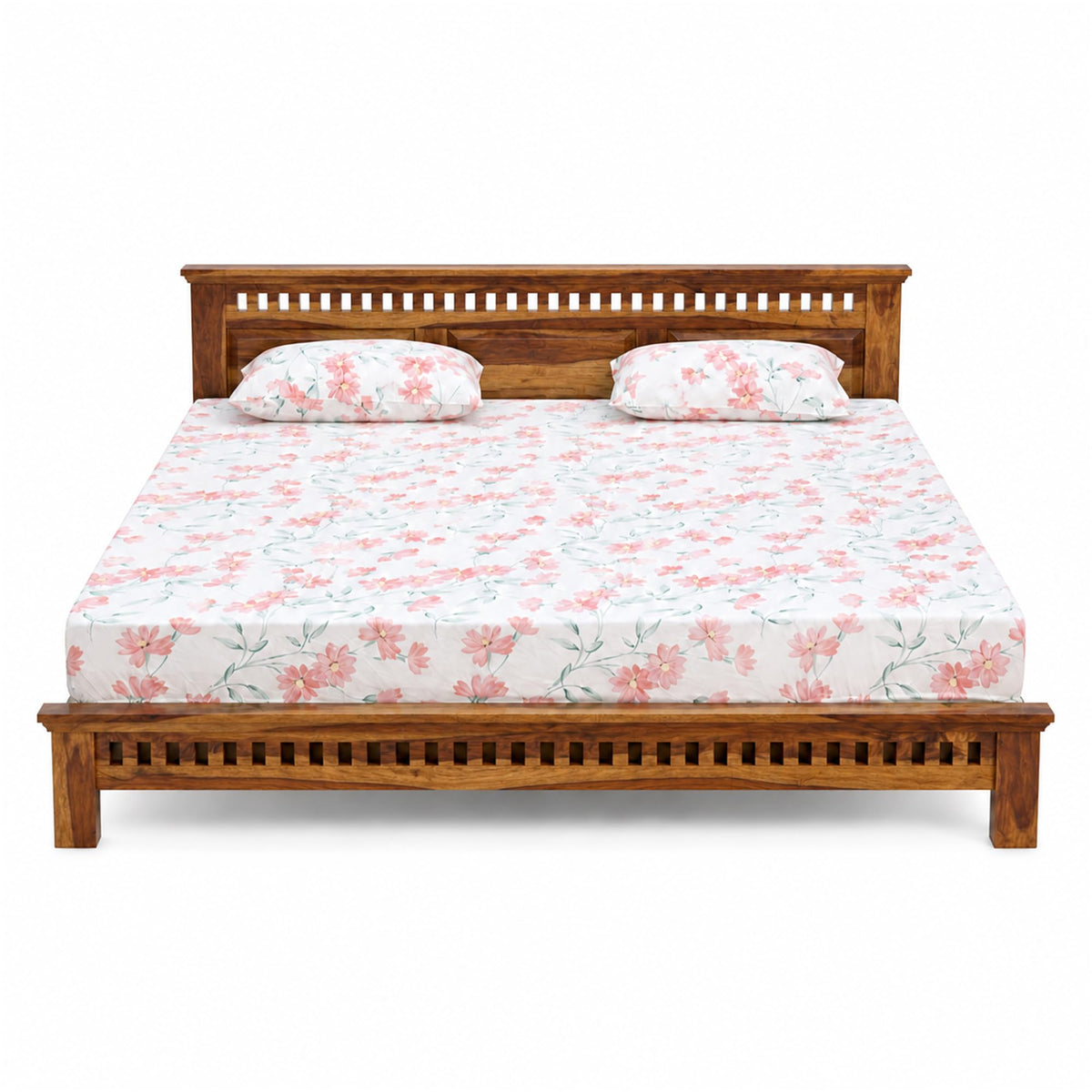 Kuber Platform bed Solid Sheesham Wood King Size Bed without Storage in natural finish - corner angle view