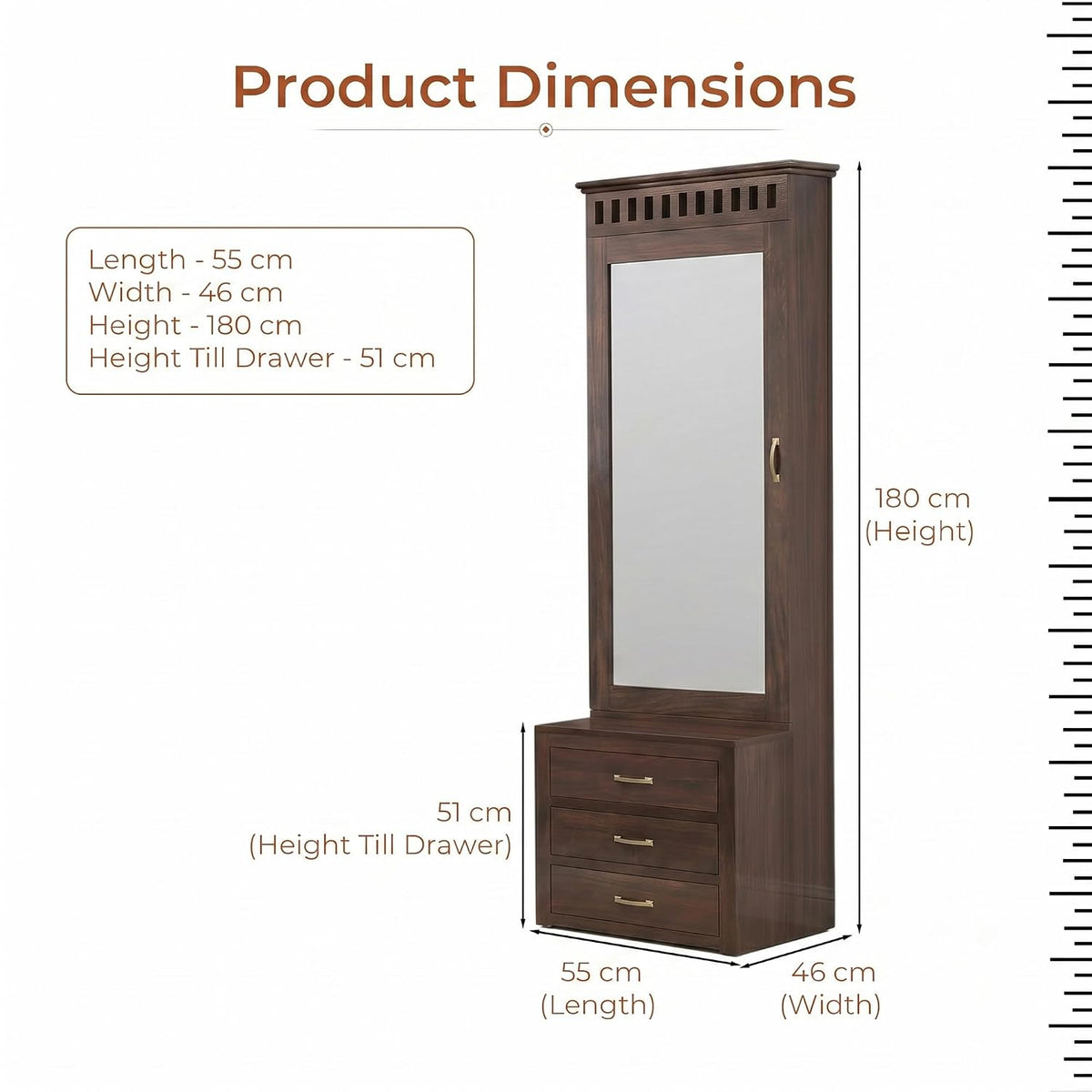 Kuber Solid Sheesham Wood Dressing Table in walnut finish - side angle view