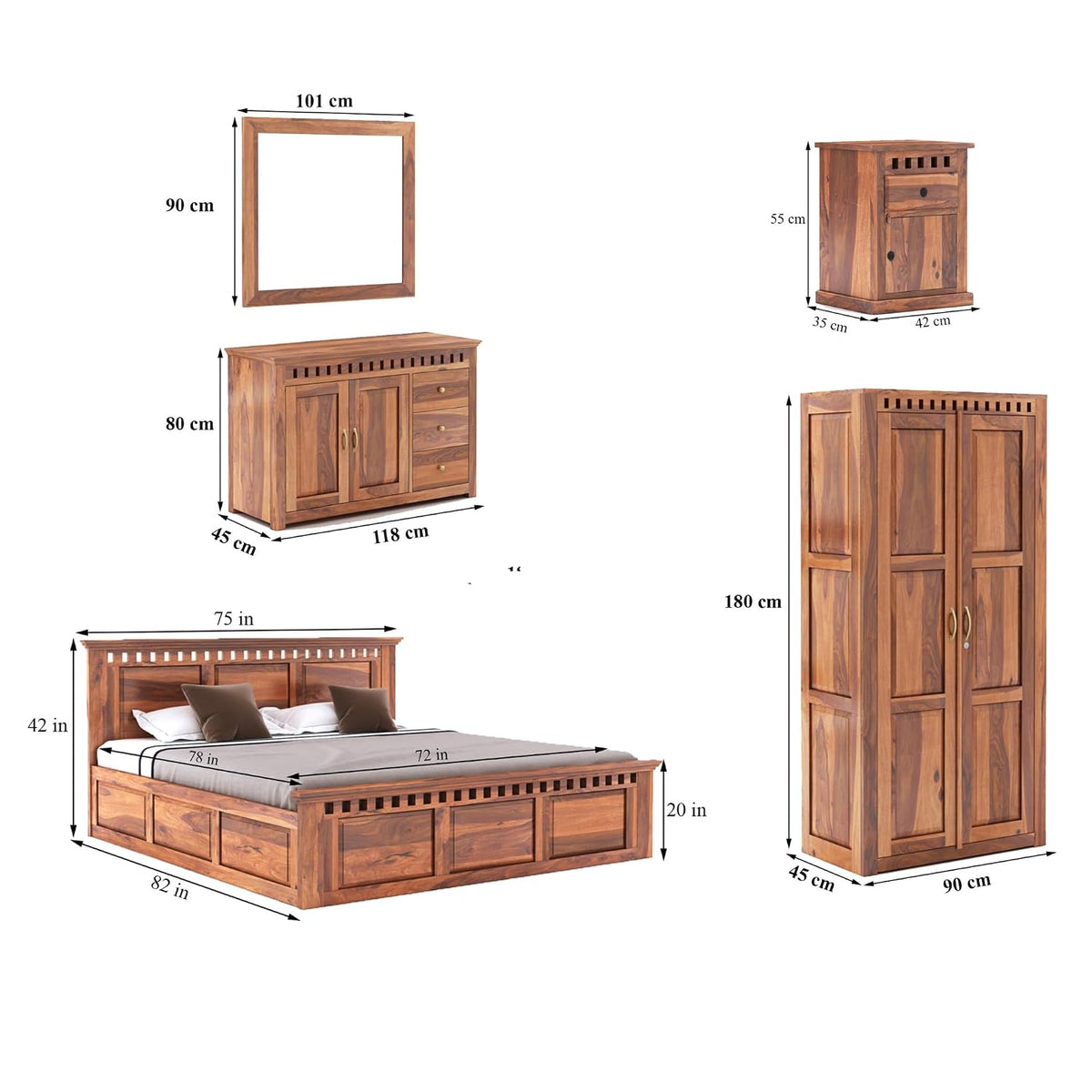 Kuber-BBS-W-C-BT-N-K Solid Sheesham Wood Bedroom Furniture Set - side angle view