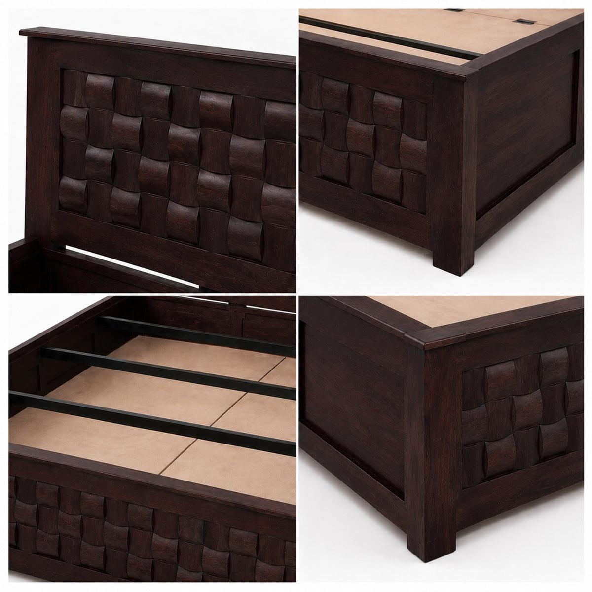 Niwar Solid Sheesham Wood King Size Bed with Box Storage in natural finish - corner angle view