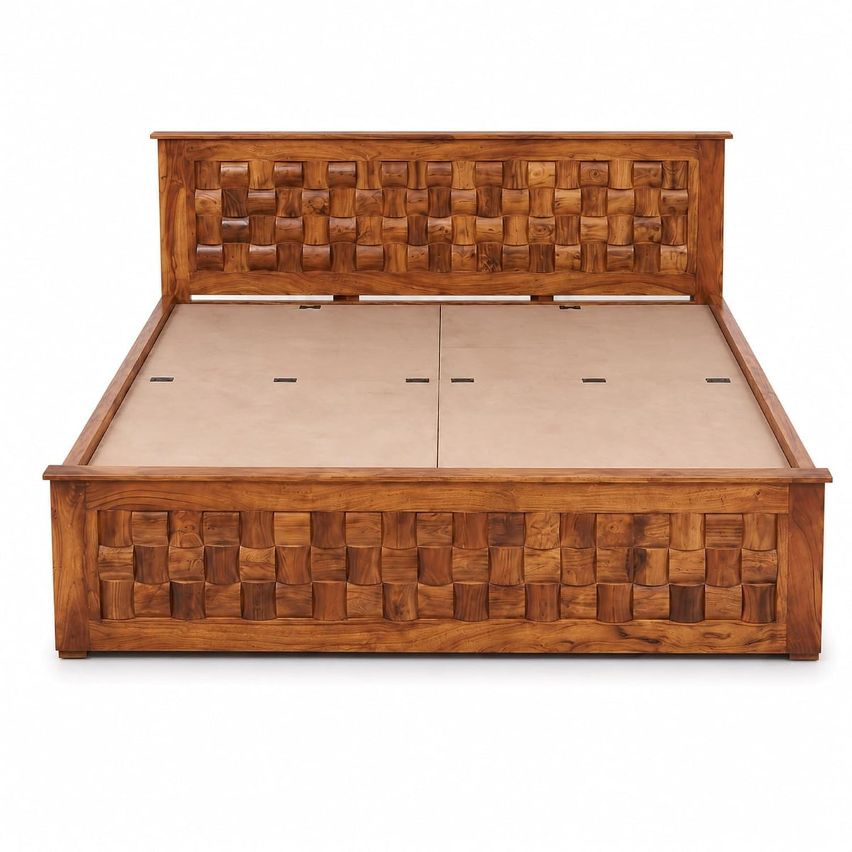 Niwar Solid Sheesham Wood Queen Size Bed with Box Storage & 2 Bedside Tables in walnut finish - corner angle view