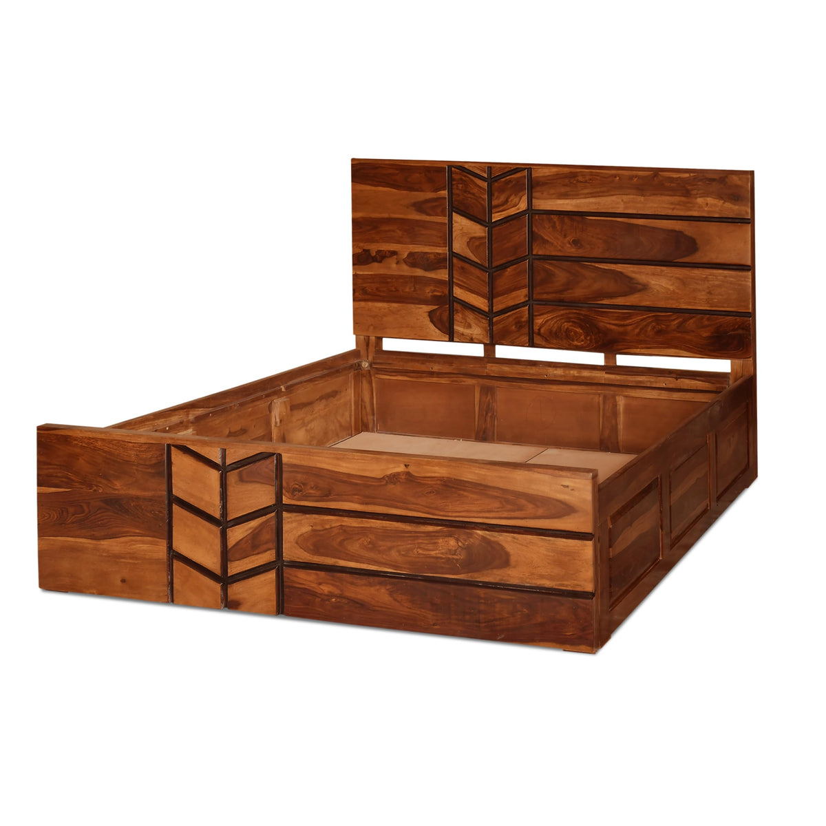 M Solid Sheesham Wood Queen Size Bed with Box Storage in natural finish - headboard detail