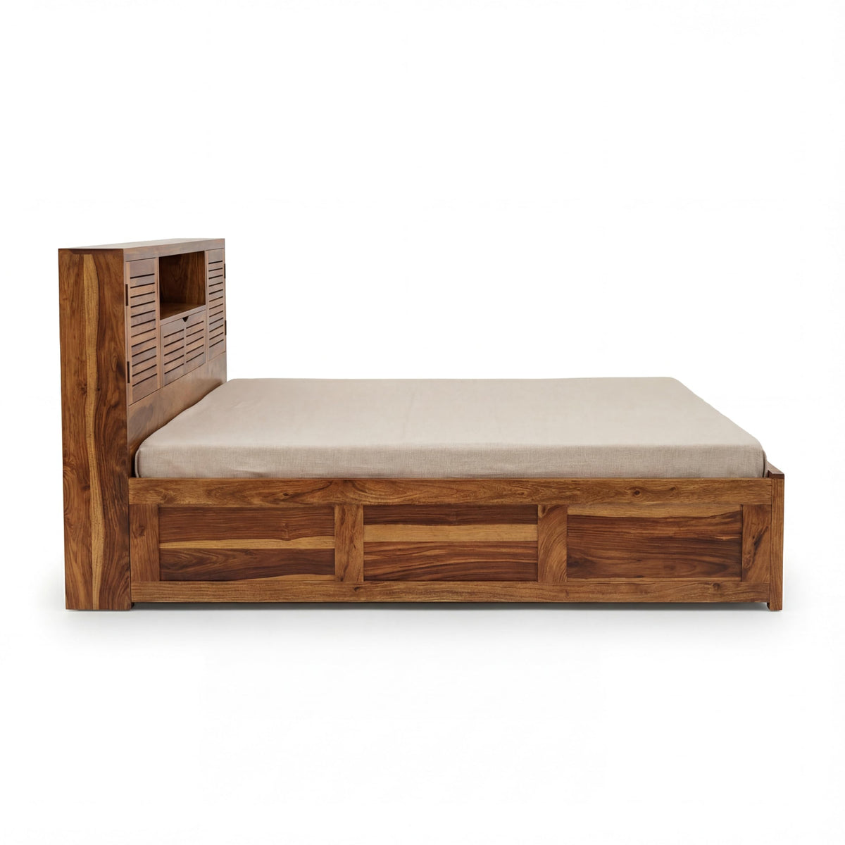 Urban Solid Sheesham Wood Queen Size Bed with Box Storage & 2 Bedside Tables in natural finish - styled in a bedroom